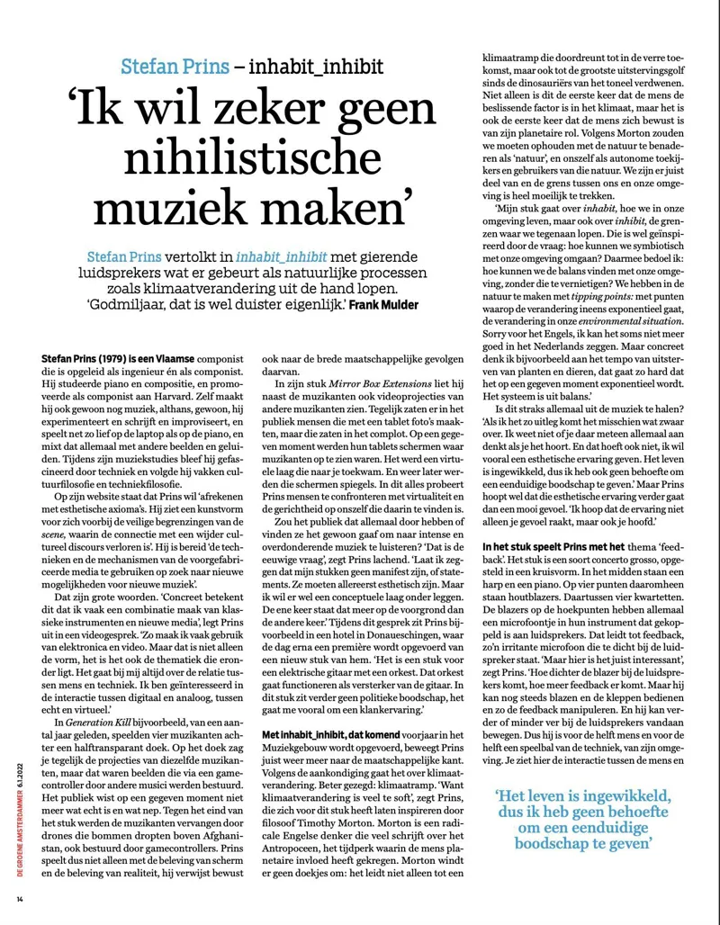 Stefan Prins - inhabit_inhibit. "Ik wil zeker geen nihilistische muziek maken